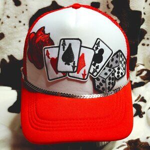 Poker Card Rose Red Western Trucker Hat Snapback Custom Patches Bling Cap Chain
